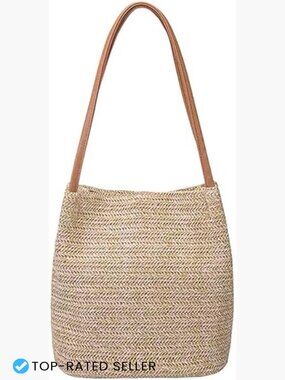 Straw Woven Bucket Tote Bag Lightweight Summer Beach Shoulder Handbag